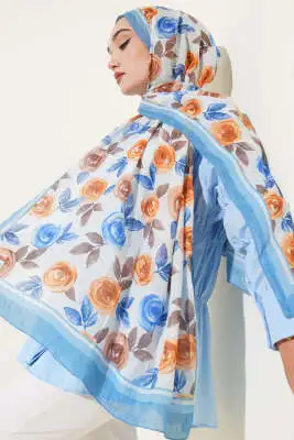 Floral Desenli Bambu Kraş Şal Soft Mavi - Başörtüsü