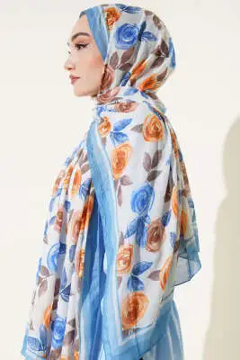 Floral Desenli Bambu Kraş Şal Soft Mavi - Başörtüsü
