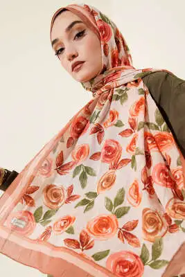 Floral Desenli Bambu Kraş Şal Taba 