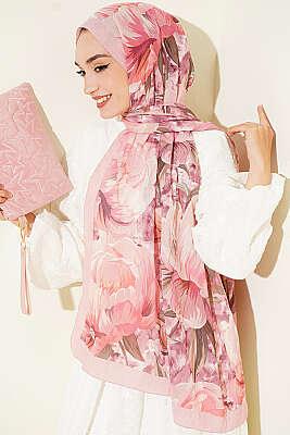 Floral Nature Bambu Kraş Şal Pembe - Başörtüsü
