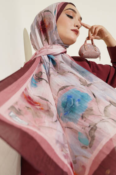 Flower Desen Bambu Kraş Şal Acı Kahve - Başörtüsü