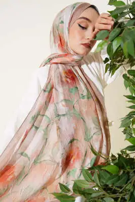 Flower Desen Bambu Kraş Şal Bej 