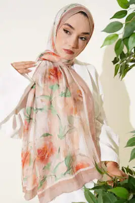 Flower Desen Bambu Kraş Şal Bej - Başörtüsü
