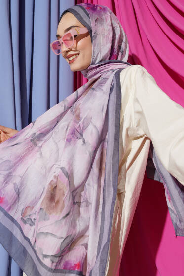 Flower Desen Bambu Kraş Şal Füme - Başörtüsü