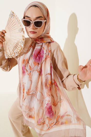 Flower Desen Bambu Kraş Şal Kum Bej - Başörtüsü