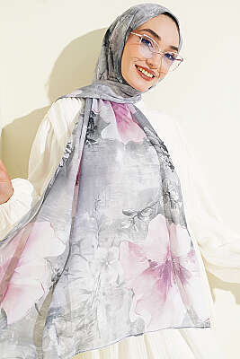 Flower Dijital Baskı Şal Gri - Başörtüsü