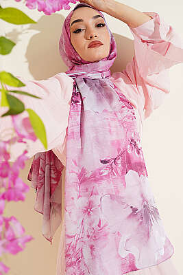 Flower Dijital Baskı Şal Pembe - Başörtüsü