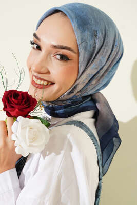 Flowers Bambu Kraş Eşarp Lacivert - Başörtüsü