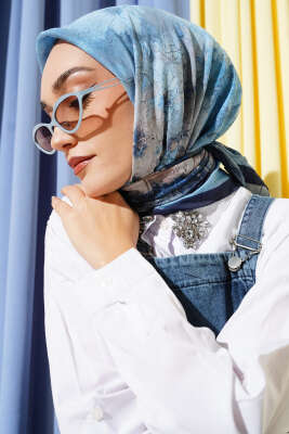 Flowers Bambu Kraş Eşarp Mavi - Başörtüsü