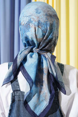 Flowers Bambu Kraş Eşarp Mavi - Başörtüsü