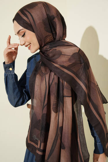 Flowers Desen Bambu Kraş Şal Acı Kahve - Başörtüsü