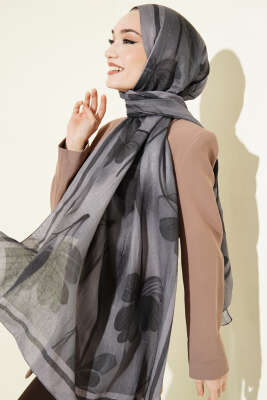 Flowers Desen Bambu Kraş Şal Füme - MODA KAŞMİR