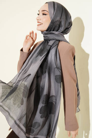 Flowers Desen Bambu Kraş Şal Füme - Başörtüsü
