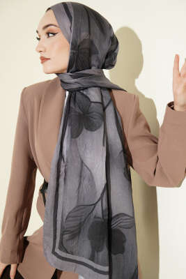 Flowers Desen Bambu Kraş Şal Füme - Başörtüsü