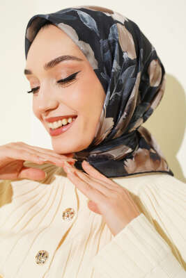 Flowers Desen Demore Eşarp Antrasit - Başörtüsü