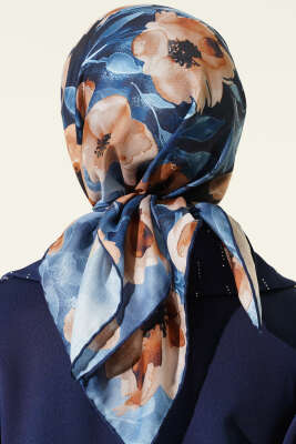 Flowers Desen Demore Eşarp İndigo - Başörtüsü