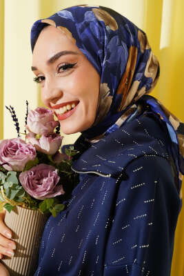 Flowers Desen Demore Eşarp Lacivert - VERTU (NYD TEKSTİL)