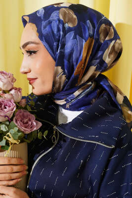 Flowers Desen Demore Eşarp Lacivert - Başörtüsü