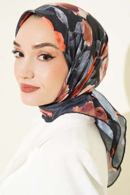 Flowers Desen Demore Eşarp Siyah Gri - Başörtüsü