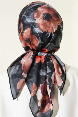 Flowers Desen Demore Eşarp Siyah Gri - Başörtüsü