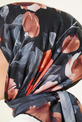 Flowers Desen Demore Eşarp Siyah Gri - Başörtüsü