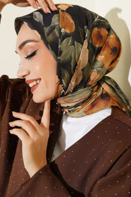 Flowers Desen Demore Eşarp Yağ Yeşili - VERTU (NYD TEKSTİL)