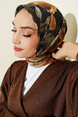 Flowers Desen Demore Eşarp Yağ Yeşili - Başörtüsü