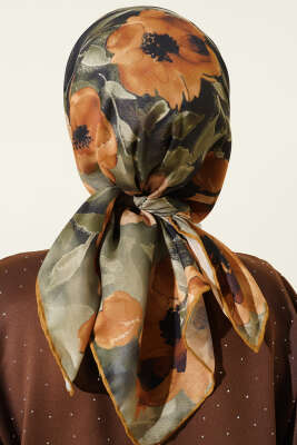 Flowers Desen Demore Eşarp Yağ Yeşili - Başörtüsü