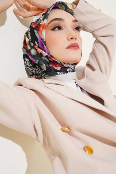 Flowers Desen Eşarp Bej Siyah - Başörtüsü