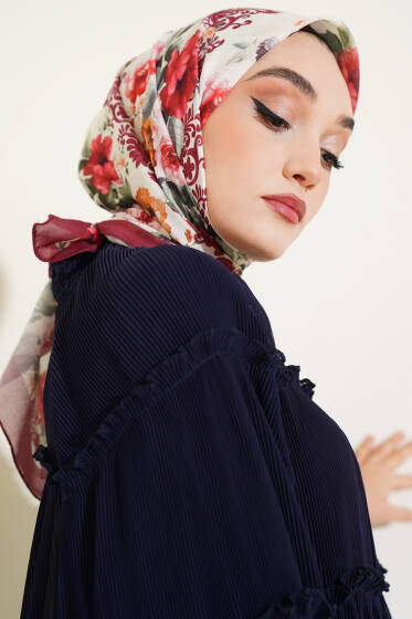 Flowers Desen Eşarp Bordo Bej - Başörtüsü