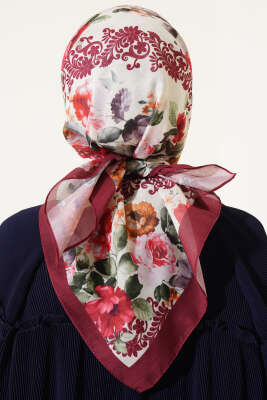 Flowers Desen Eşarp Bordo Bej - Başörtüsü