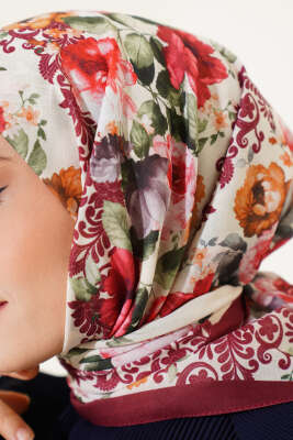 Flowers Desen Eşarp Bordo Bej - Başörtüsü