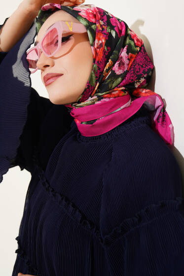 Flowers Desen Eşarp Fuşya - Başörtüsü