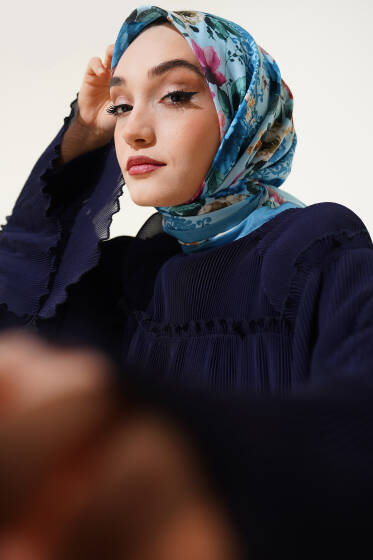 Flowers Desen Eşarp Mavi - Başörtüsü