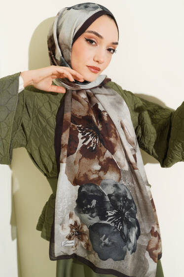Flowers Desen Rami Şal Acı Kahve - Başörtüsü