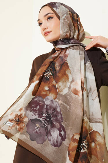 Flowers Desen Rami Şal Açık Kahve - Başörtüsü