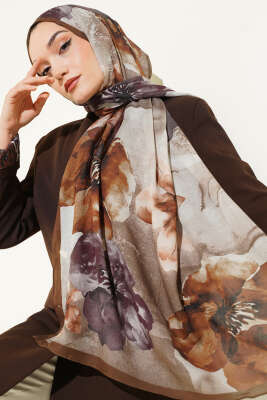 Flowers Desen Rami Şal Açık Kahve - Başörtüsü