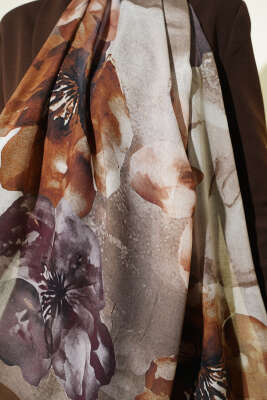 Flowers Desen Rami Şal Açık Kahve - Başörtüsü