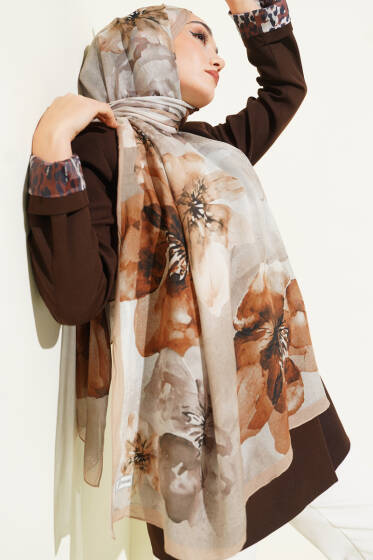Flowers Desen Rami Şal Bej - Başörtüsü