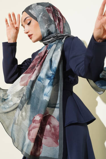Flowers Desen Rami Şal Füme - Başörtüsü