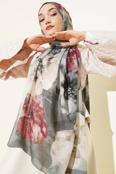 Flowers Desen Rami Şal Gri - Başörtüsü
