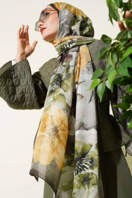 Flowers Desen Rami Şal Haki - Başörtüsü