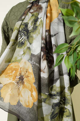 Flowers Desen Rami Şal Haki - Başörtüsü