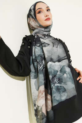 Flowers Desen Rami Şal Lacivert Bej - Başörtüsü