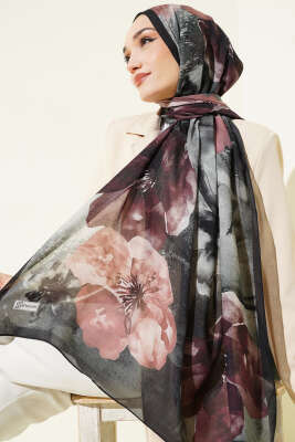 Flowers Desen Rami Şal Siyah - Başörtüsü