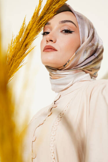 Flowers Desen Soft Eşarp Krem - Başörtüsü