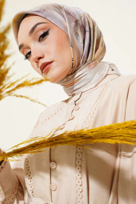 Flowers Desen Soft Eşarp Krem - Başörtüsü