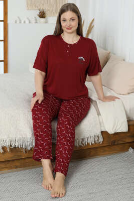 Flowery Nakışlı Kısa Kol Büyük Beden Pijama Takım Bordo 