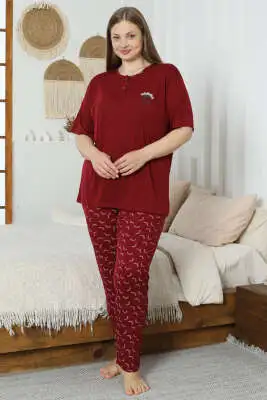 Flowery Nakışlı Kısa Kol Büyük Beden Pijama Takım Bordo - Kadın Pijama Takımı