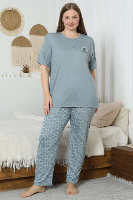 Flowery Nakışlı Kısa Kol Büyük Beden Pijama Takım Çağla Yeşili 